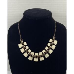 Gold Tone Cream Enamel Statement Bold Tile Necklace Retro 18 in Adjustable